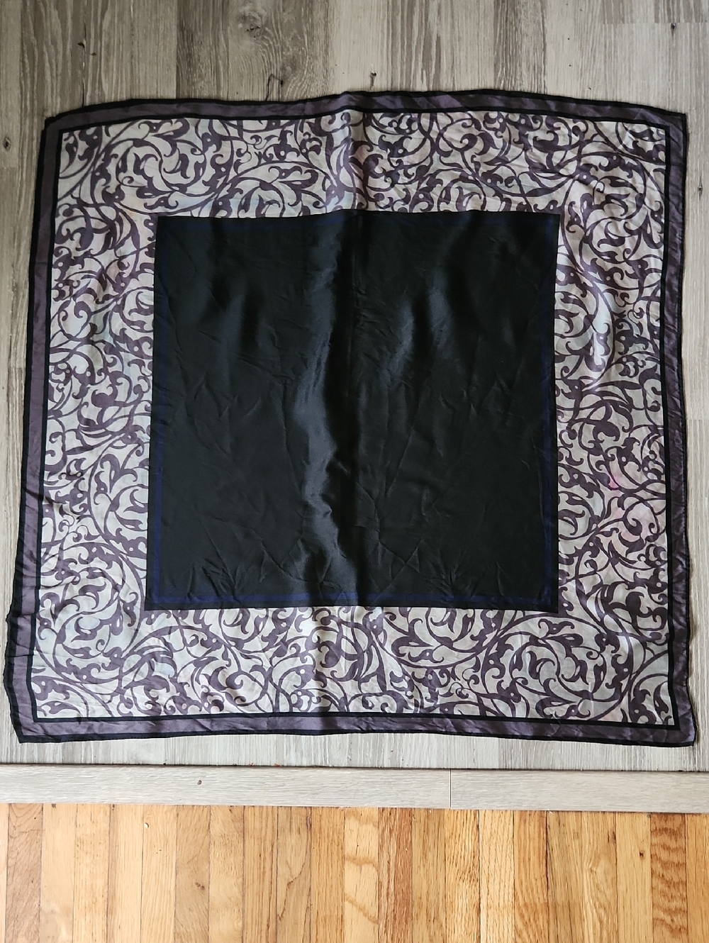 Silk Scarf Black Center Scarf with Tan And Lavender Filigree Border Rehab